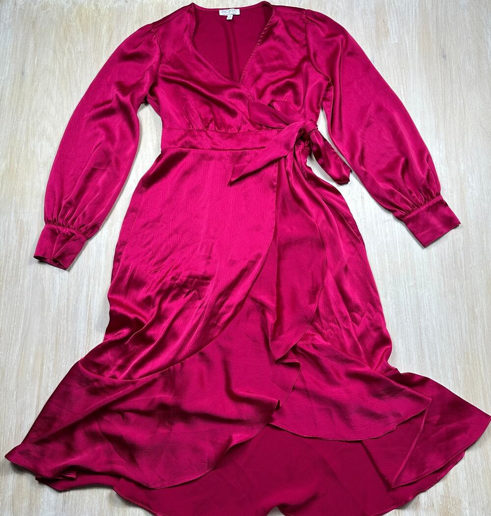 Sofia By Sofia Vergara Dress Pink Satin Faux Wrap Midi Romantic Barbie Core M